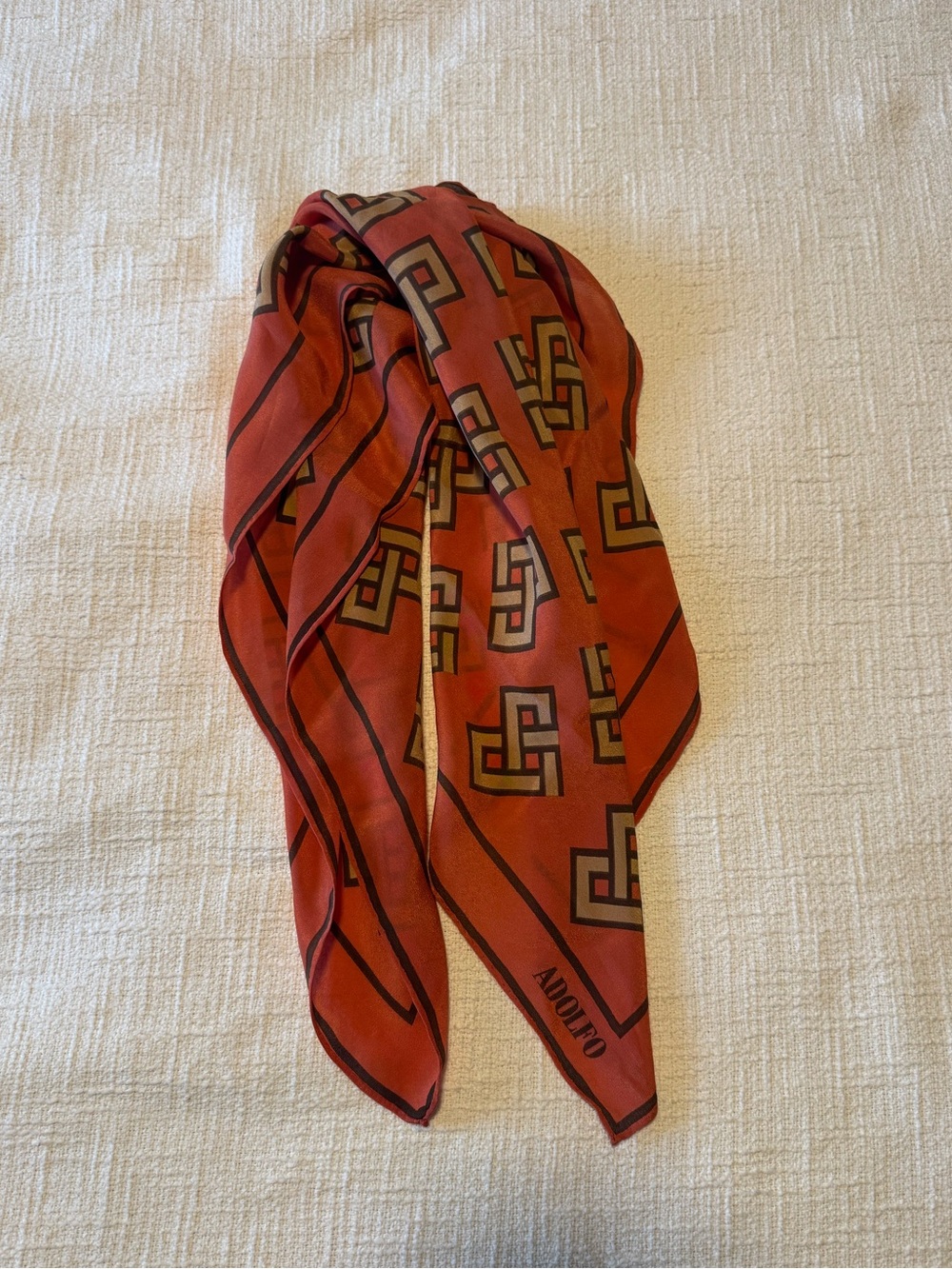 Adolfo Orange and Tan Geometric Silk Scarf